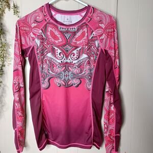 Athleta Women's Runaway Long Sleeve Top Red Black Paisley Rashguard UPF XXS